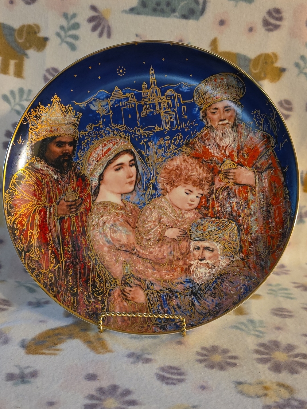 Knowles Blue and Gold Hand-Painted Nativity Collector Plate